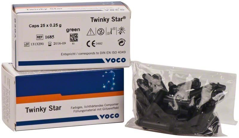 Twinky Star Caps grün, lichthärtendes Compomer Füllungsmaterial in Verpackung.