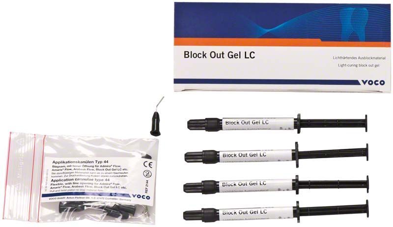 Block Out Gel LC Spritzen mit Applikationskanülen und Verpackung.