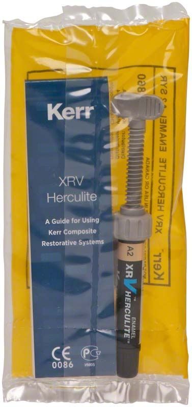 Herculite XRV Enamel Spritze A2 in Originalverpackung mit blauer Anleitung.