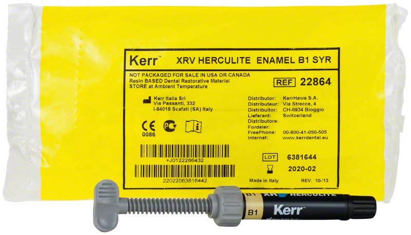 Herculite XRV Enamel Spritze B1 vor gelber Verpackung.