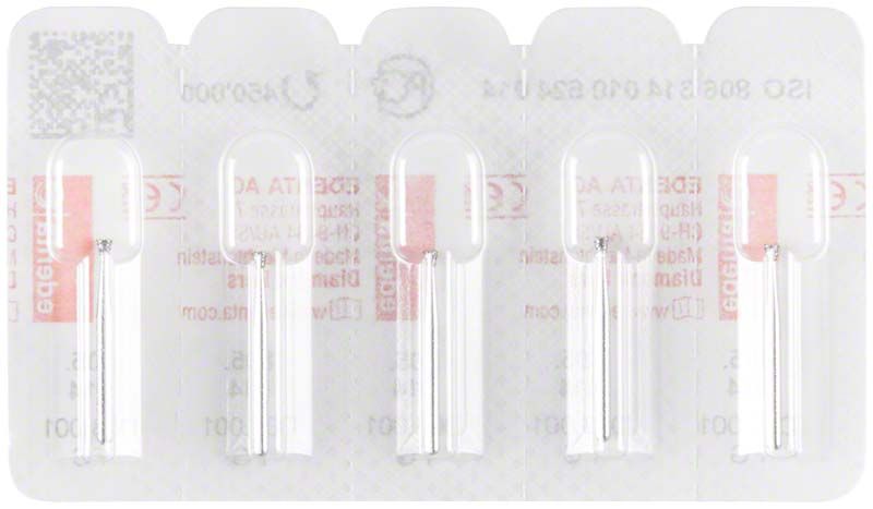 Verpackung mit vier Diamant FG 805 014 Fräsen in Blisterverpackung.