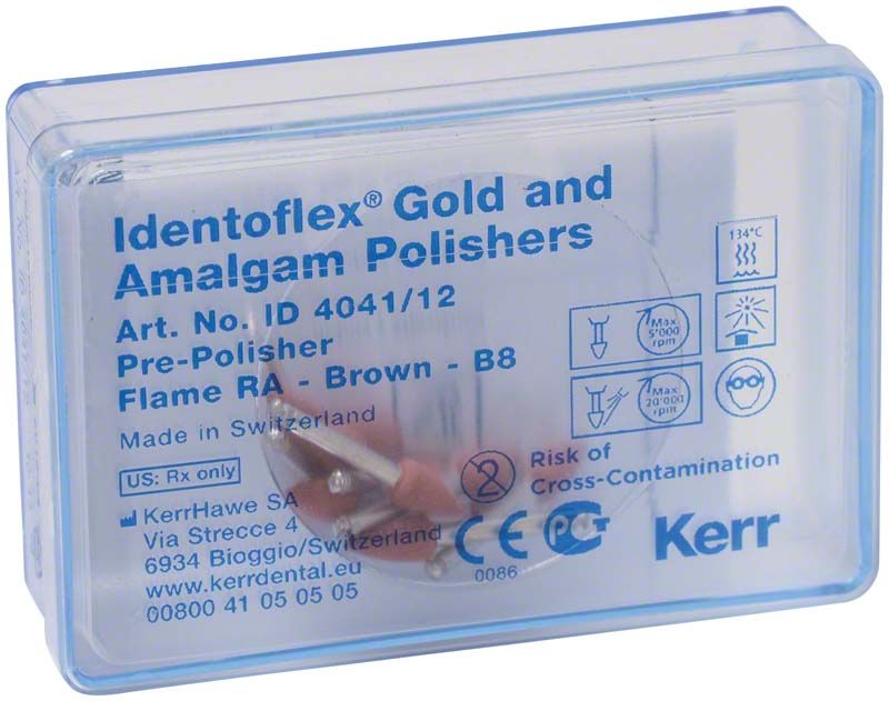 Transparente Verpackung mit Identoflex Gold/Amalgam Polierer in brauner Flammenform.