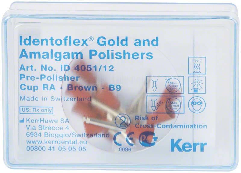 Kunststoffverpackung mit Identoflex Gold/Amalgam Polierern und Produktinformationen.