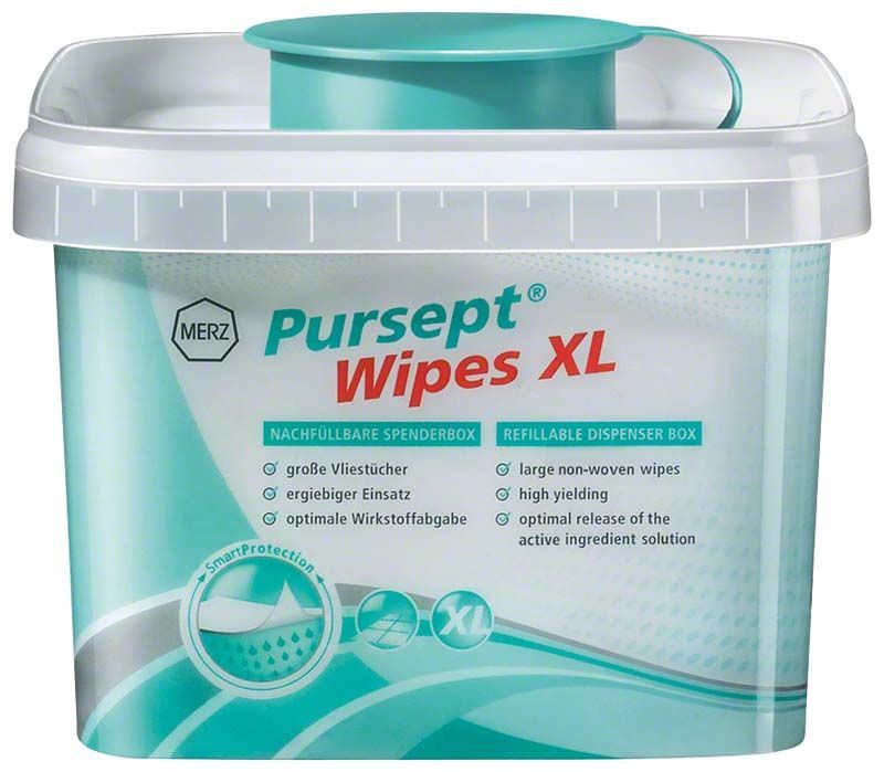 Nachfüllbare Spenderbox Pursept® Wipes XL in weiß-türkis mit Markenlogo.