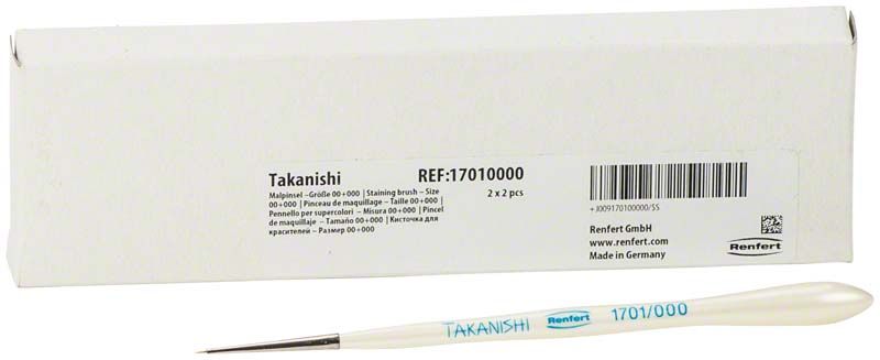 Takanishi Kunsthaarpinsel mit Verpackung und Produktdetails.
