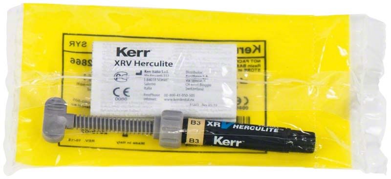 Herculite XRV Enamel Spritze B3 in gelber Verpackung.