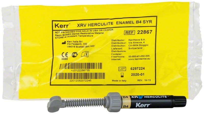 Herculite XRV Enamel Spritze B4 vor gelber Verpackung.