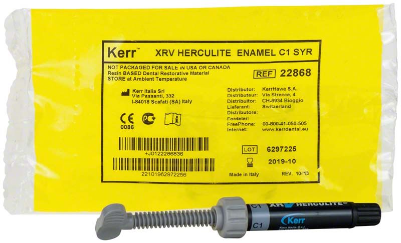 Herculite XRV Enamel Spritze C1 vor gelbem Verpackungshintergrund