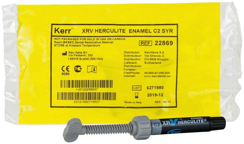 Herculite XRV Enamel Spritze C2 mit gelber Verpackung und Produktinformationen.