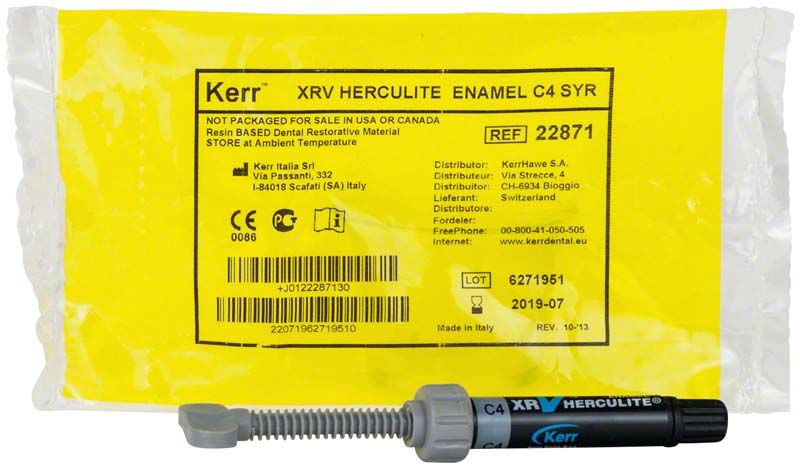 Herculite XRV Enamel Spritze C4 mit gelbem Verpackungsetikett.
