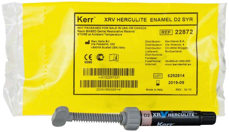 Herculite XRV Enamel Spritze D2 mit gelber Verpackung und Produktdetails.
