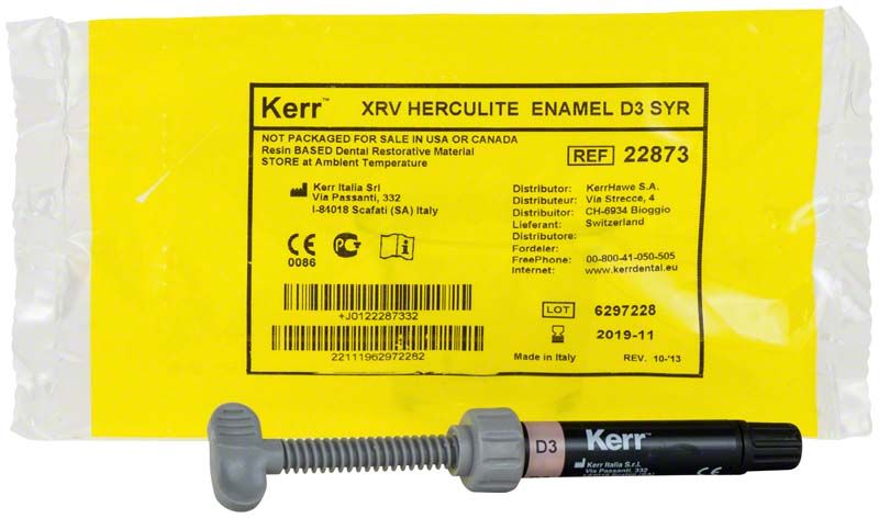 Herculite XRV Enamel Spritze D3 vor gelber Verpackung.