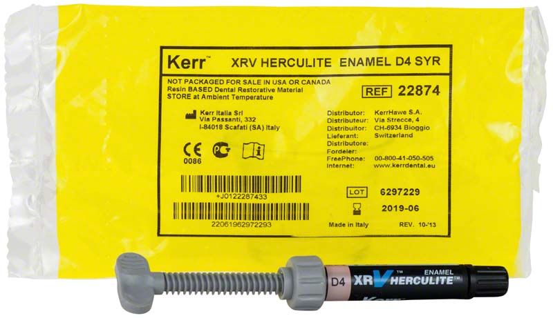 Herculite XRV Enamel Spritze D4 vor gelber Verpackung