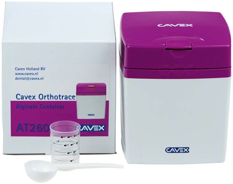 Cavex Alginat Container pink mit Dosierlöffel und Verpackung.