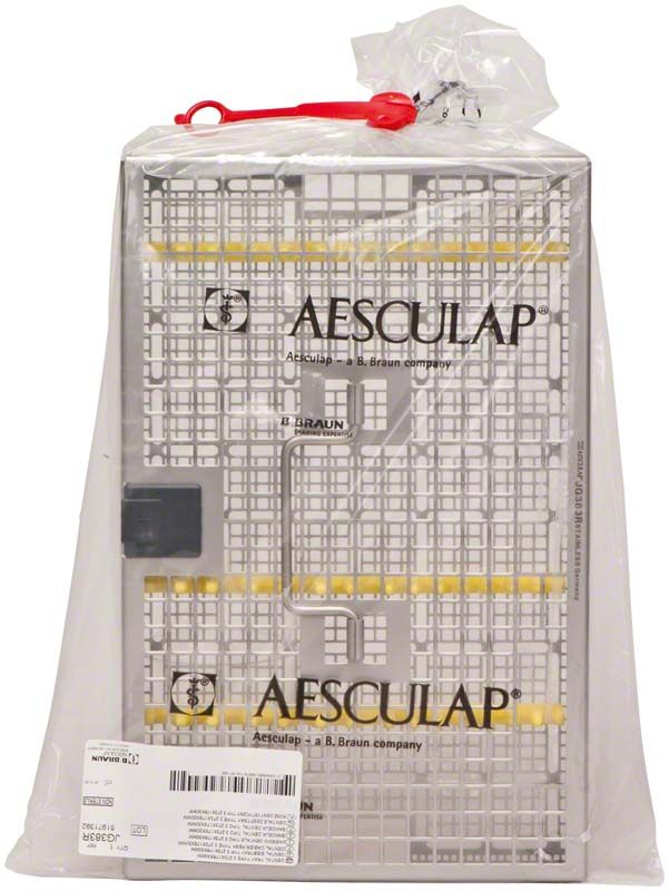 Siebtray aus rostfreiem Edelstahl für Dentalinstrumente in transparenter Verpackung.