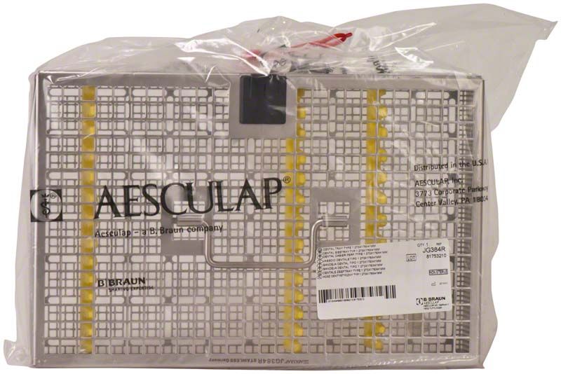 Siebtray aus Edelstahl mit Instrumentenstegen im Kunststoffbeutel verpackt.