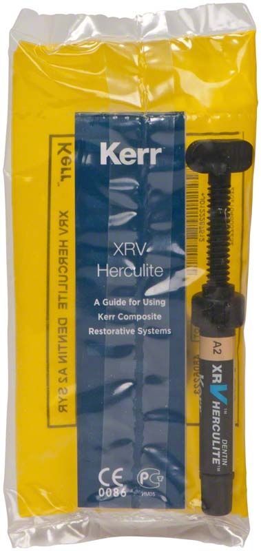 Herculite XRV Dentin Spritze A2 in gelber Verpackung.