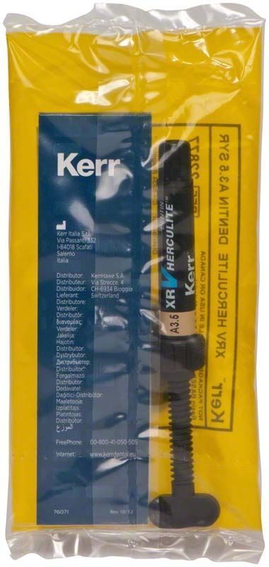 Herculite XRV Dentin Spritze A3,5 in gelber Verpackung von Kerr.