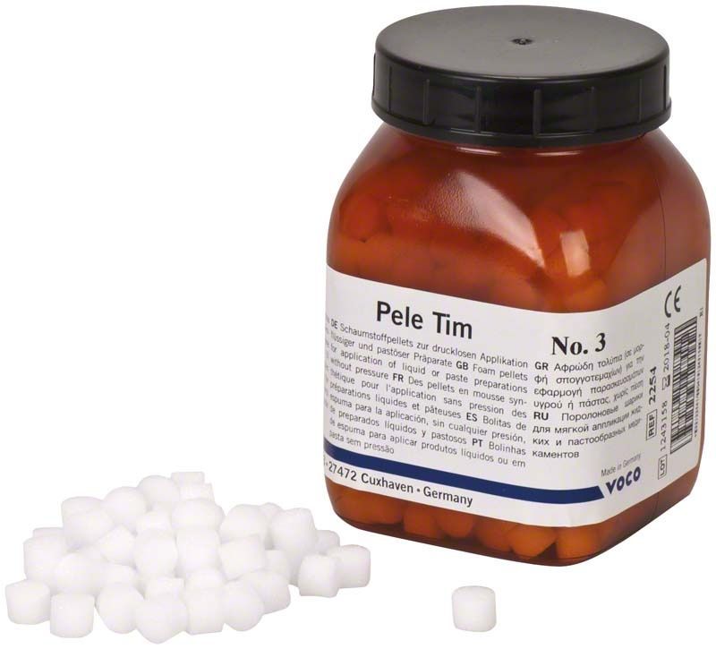 Braune Flasche mit weißen Schaumstoffpellets für Dentalanwendungen.