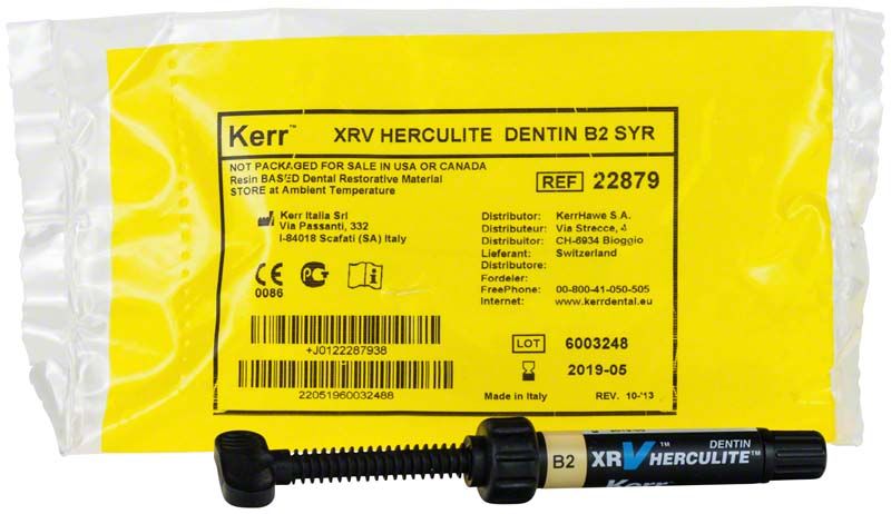Herculite XRV Dentin Spritze B2 mit gelber Verpackung.