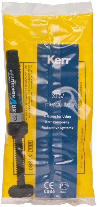 Herculite XRV Dentin Spritze C2 in gelber Verpackung mit Anleitung.