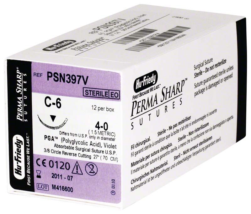 Verpackung von Perma Sharp Nahtmaterial, 12 Stück, PGA 4-OA/C-6.