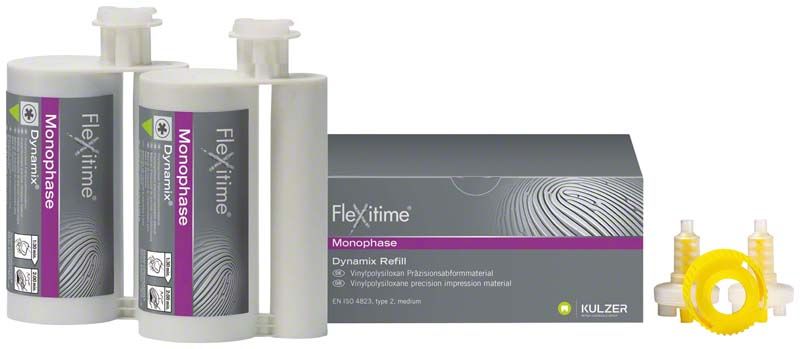 Flexitime Dynamix Monophase Abformmaterial, zwei Kartuschen und Verpackung.