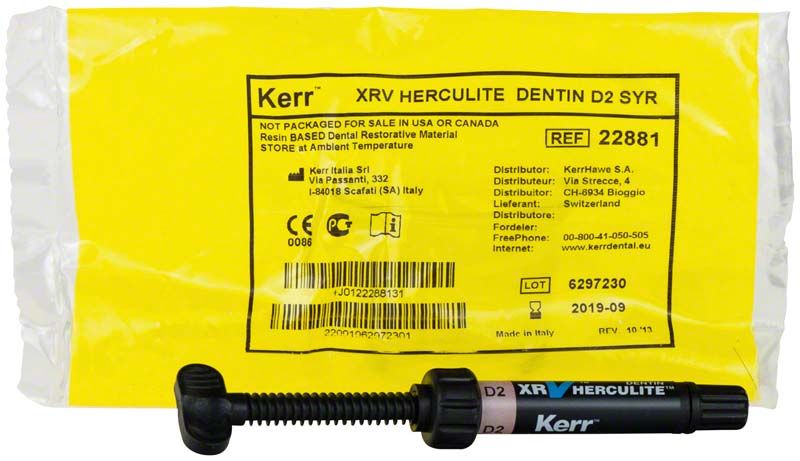 Herculite XRV Dentin Spritze D2 mit gelbem Verpackungsbeutel.