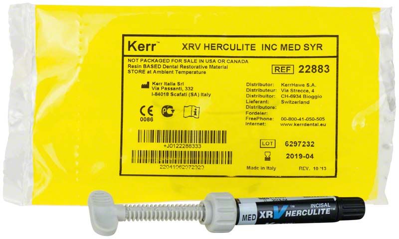 Herculite XRV Inzisal Spritze Medium mit gelber Verpackung und Produktinformationen.