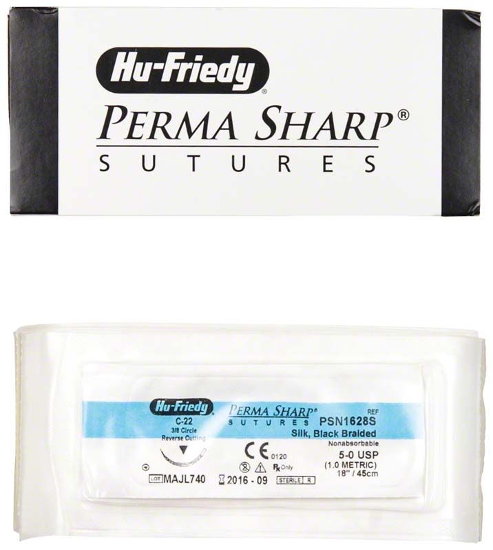 Verpackung von Perma Sharp Nahtmaterial, Seide, schwarz, 5-0, steril.