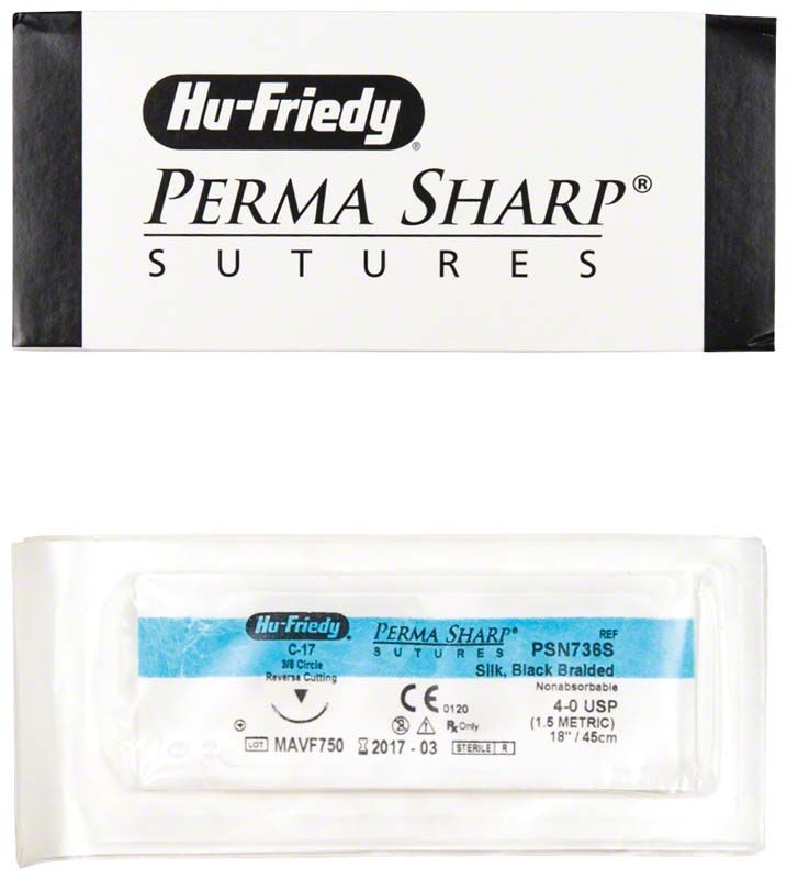 Verpackung des Perma Sharp Nahtmaterials Seide mit Nadel-Faden-Kombination.