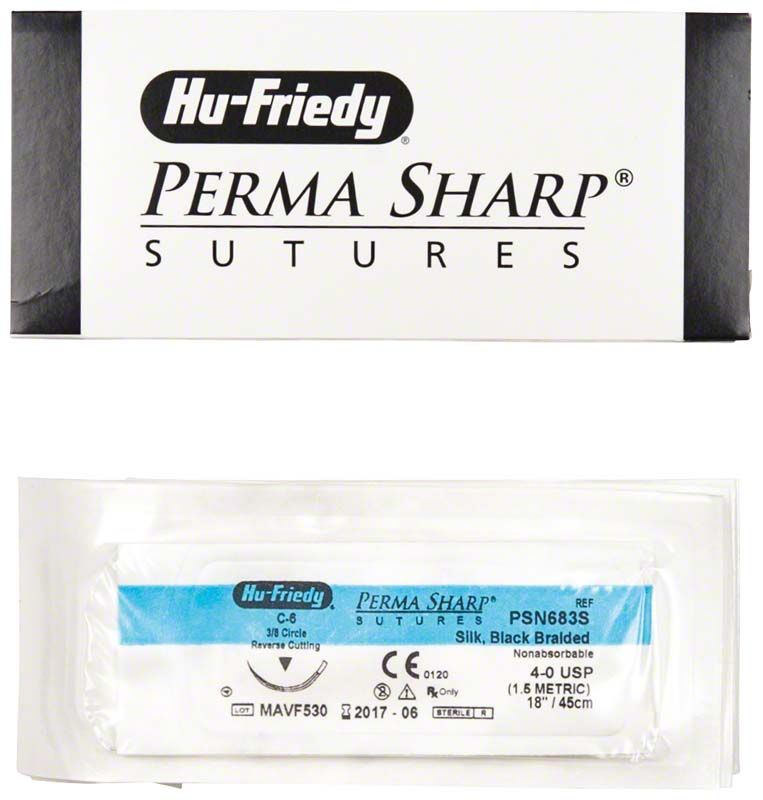 Verpackung des Perma Sharp Nahtmaterials Seide, schwarz, geflochten.