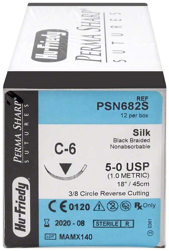 Perma Sharp Nahtmaterial Seide 5/0 C-6 in Verpackung mit Produktinformationen.
