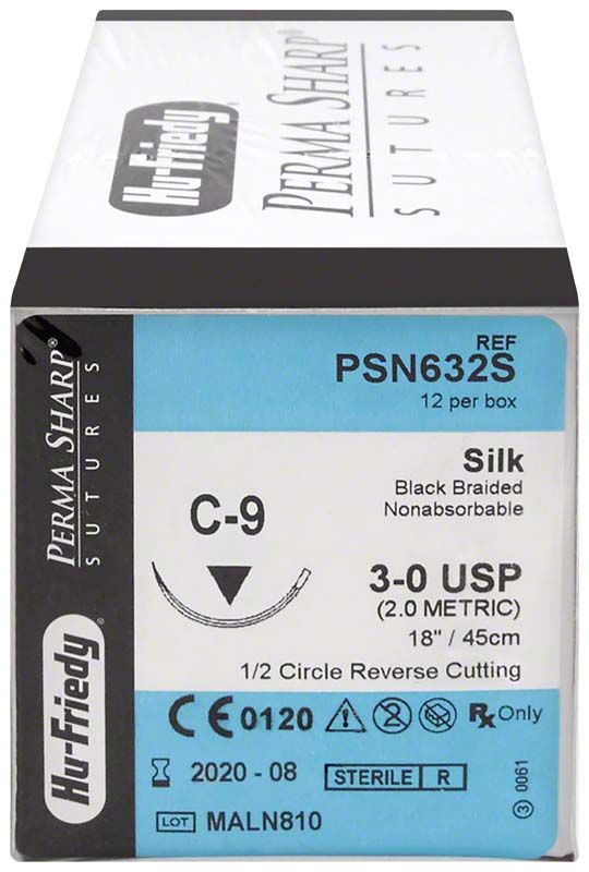 Verpackung von Perma Sharp Nahtmaterial Seide 3/0 C-9, schwarz geflochten.