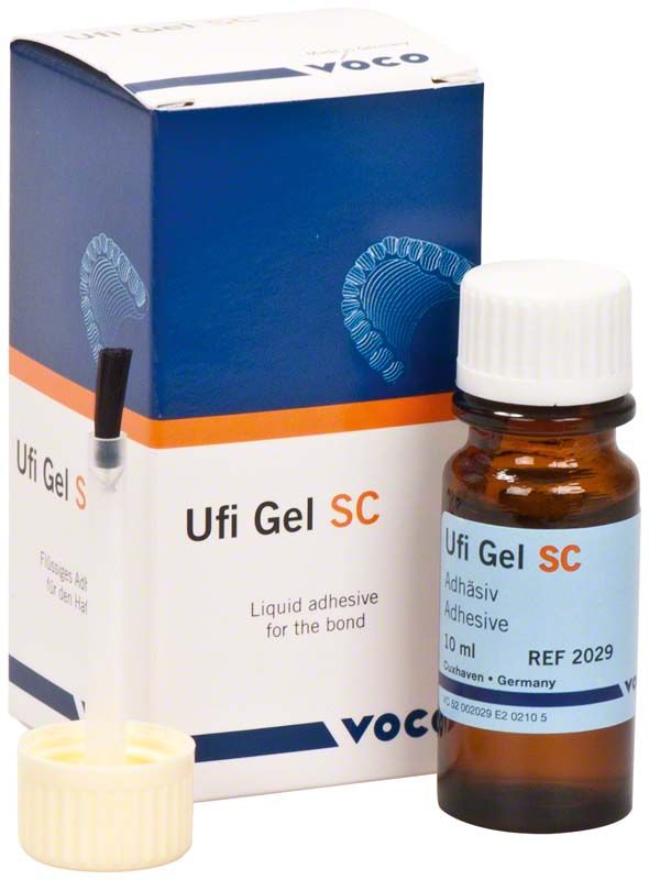 Ufi Gel® SC Adhäsiv-Flasche und Kartonverpackung von Voco.