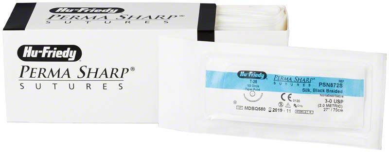 Perma Sharp Nahtmaterial Seide 3/0, Verpackung und Einzelverpackung sichtbar.
