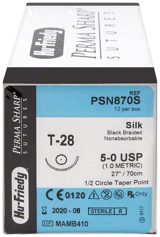 Perma Sharp Nahtmaterial Seide 5/0 T-28, schwarze geflochtene Seide in Verpackung.