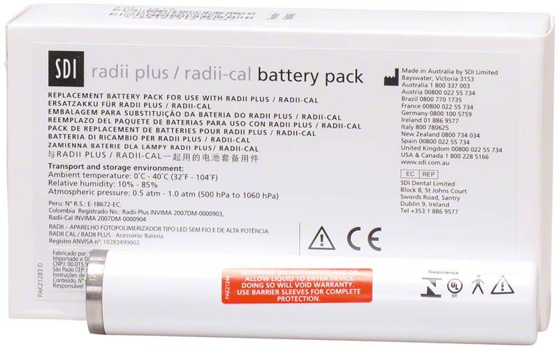 Radii plus Ersatzakku für LED-Polymerisationslampe mit Verpackungstext.