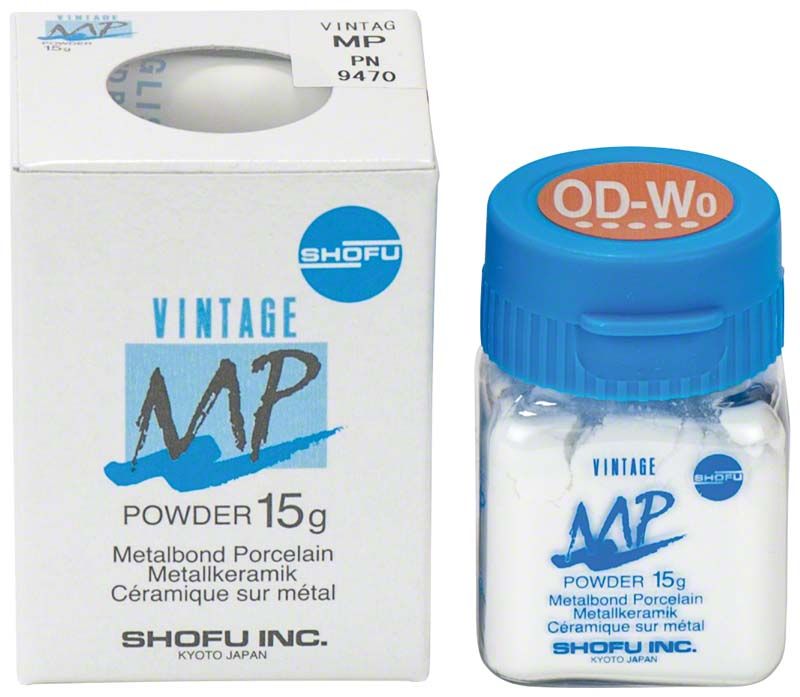 Vintage MP Opaque Dentin 15g OD-W0 Keramikpulververpackung und Glasbehälter.