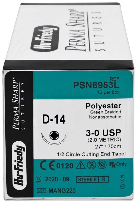 Perma Sharp Nahtmaterial Polyester 3/0 D-14 Verpackung mit Produktdetails.