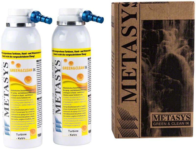 Gebrauchsfertiger Desinfektionsspray Green & Clean IK Turbinen KaVo mit Verpackung.