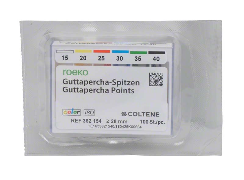 ROEKO Guttapercha-Spitzen weiß-schwarz, Größe 015-040, in Verpackung.