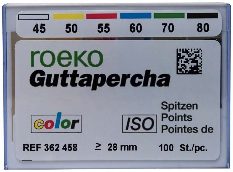 ROEKO Guttapercha-Spitzen Gr. 045-080, farbcodiert, Verpackungsvorderseite.