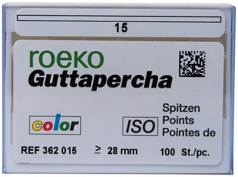 ROEKO Guttapercha-Spitzen color Gr. 015 in weißer Verpackung.