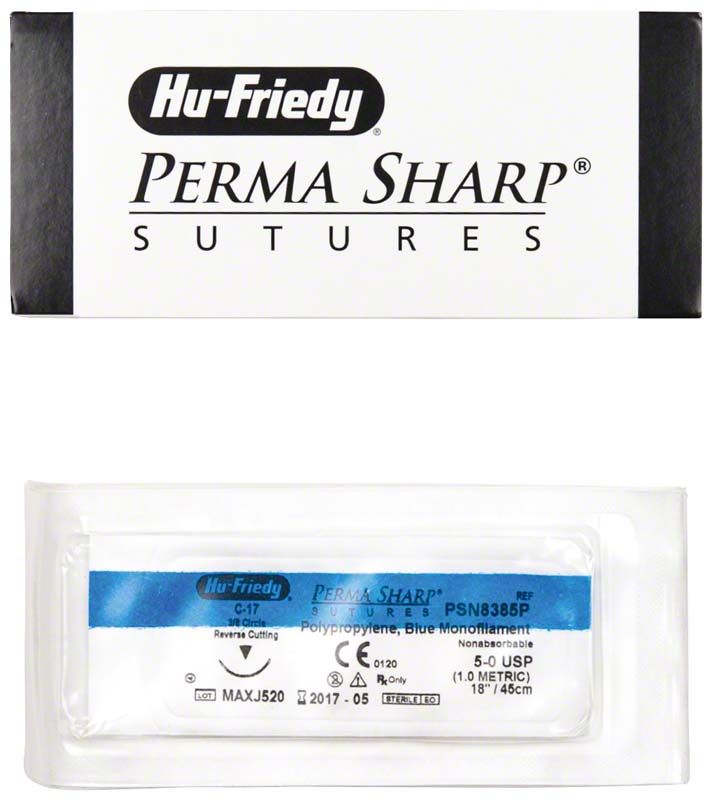 Perma Sharp Nahtmaterialverpackung mit Nadel-Faden-Kombination für Dentalchirurgie.