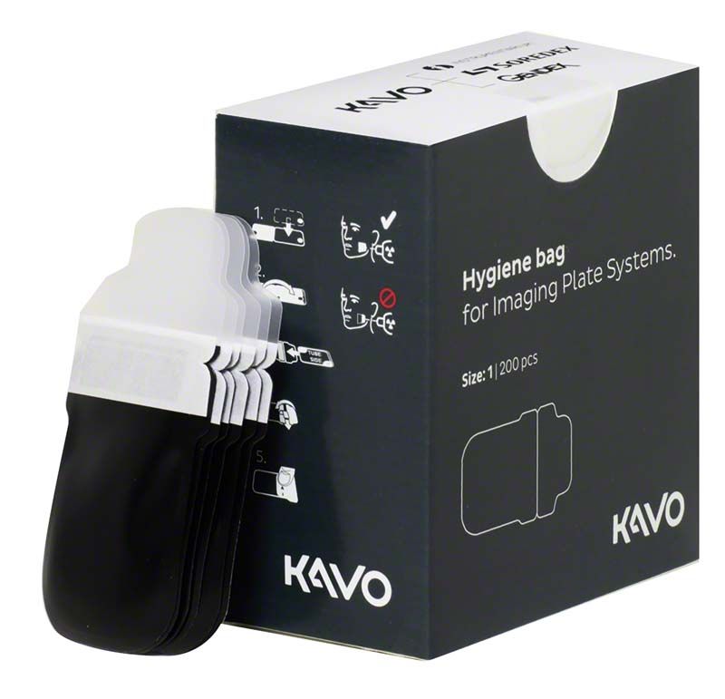 Hygieneschutzhüllen für Röntgen-Speicherfolien neben schwarzer Verpackung.
