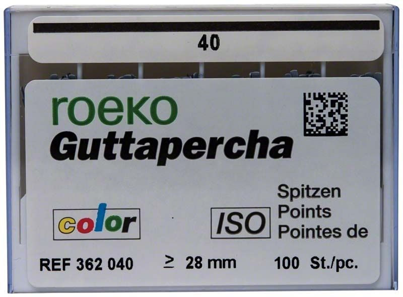 ROEKO Guttapercha-Spitzen Gr. 040 in schwarzer Verpackung mit ISO-Norm.