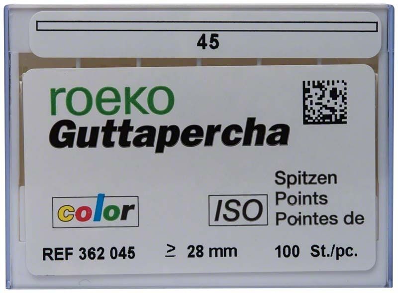ROEKO Guttapercha-Spitzen Gr. 045 weiß in Verpackung mit ISO-Norm.