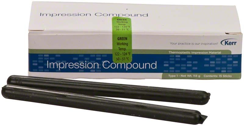 Verpackung der Impression Compound Stangen grün mit zwei Stangen vorne.