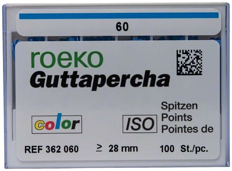 ROEKO Guttapercha-Spitzen Gr. 060 in blauer Verpackung mit 100 Stück.